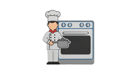 Chef with Pot Next to Oven - Flat Design Illustration