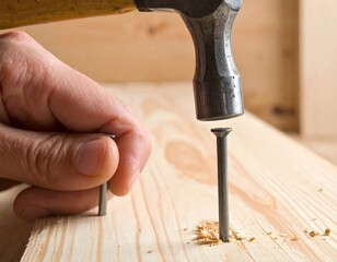 Close-up of a hand hammering a nail into a wooden plank