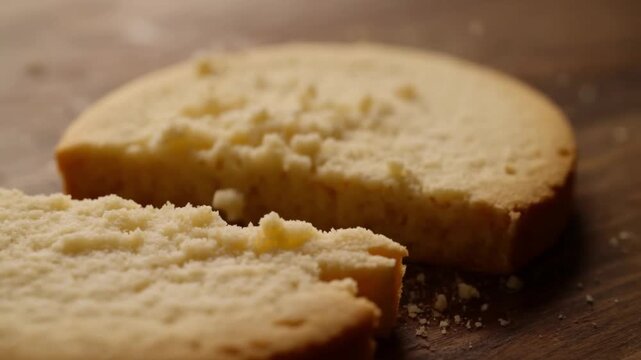 Macro shot of the crumbly texture of a fresh shortbread cookie with crumbs on a wooden surface, crumbly baking concept