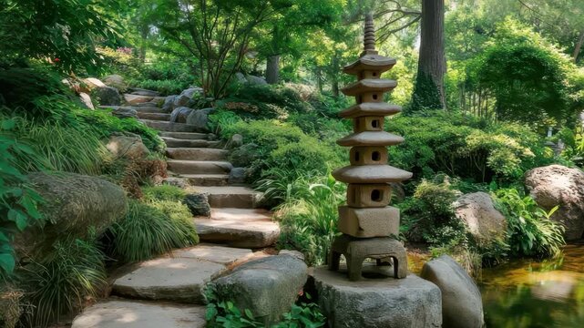 Stone lantern illuminating path in japanese garden