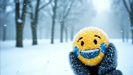 Person in mittens holds snow covered yellow emoji character smiling happily against background of snowy forest and falling flakes, cute scene creates magic mood. Concept of winter holidays and fun