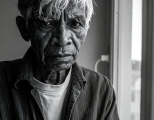 Close-up portrait of an elderly man with graying hair, serious expression