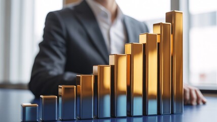 Businessman analyzing rising gold bar graph in modern office