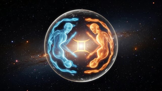 Sphere with two intertwined energy flows of blue and orange colors against background of starry sky, astrological symbol of Gemini shows harmony of opposites. Concept of zodiac twins signs power
