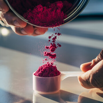 Close-up of hands pouring bright pink superfood powder, possibly beetroot or berry, from a container into a measuring scoop, ideal for healthy nutrition, supplements, and wellness concepts.