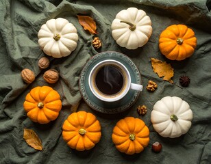 Overhead shot of pumpkins, coffee, and fall foliage on a crumpled, green fabric surface