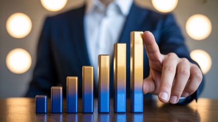 Businessman analyzing growing bar chart in modern office setting