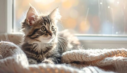 毛布の上でくつろぐ子猫