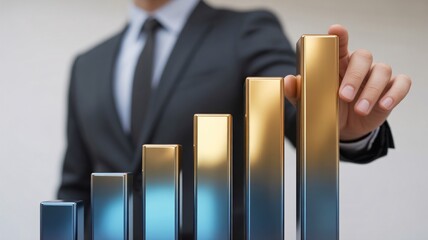 Businessman analyzing rising gold bar graph in office