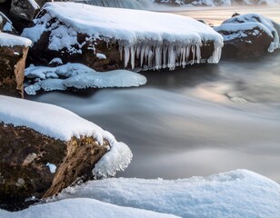 Winter river scene with snow-covered rocks, flowing water, and cascading ice formations