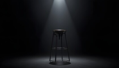 A lone stool stands illuminated under a spotlight in a darkened room viewed from the front.