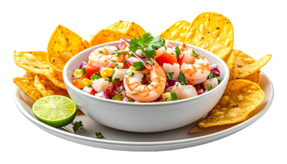 Bowl of seafood ceviche, garnished, with tortilla chips and a lime wedge