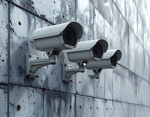 Three security cameras mounted on a concrete wall, angled to the right in dim light