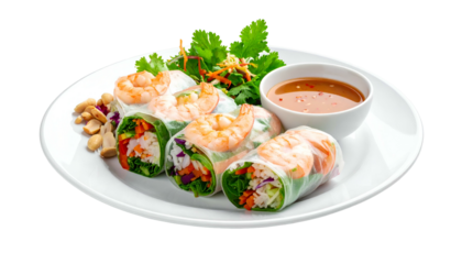 Fresh spring rolls with shrimp, veggies, peanut sauce, and garnish on a white plate