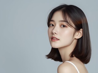 シンプルな背景のナチュラルなアジア人女性ポートレート