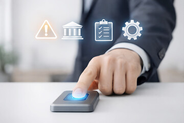 Finger activating biometric scanner with compliance icons