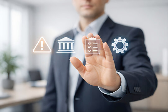 Businessman touching digital icons for risk management and compliance - Powered by Adobe