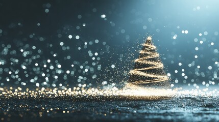 Spiral Christmas Tree of Golden Sparkles with Soft Bokeh Lights on a Dark, Textured Surface glitter light particles