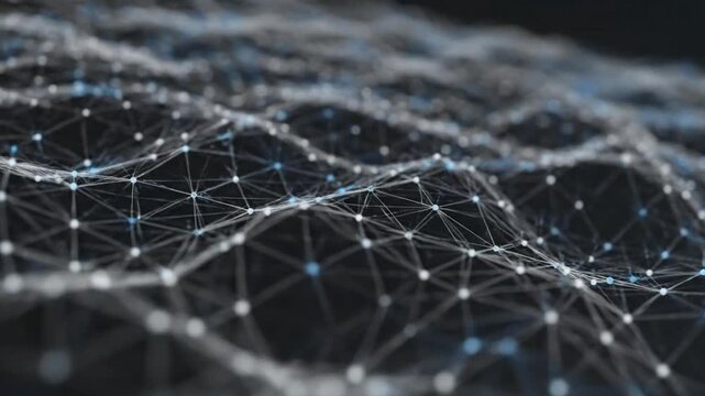 Abstract network of glowing nodes and lines moving in a wave pattern on a dark background