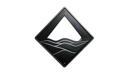 A dark gray diamond emblem features an open triangular top and wavy, layered bottom