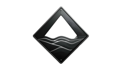 A dark gray diamond emblem features an open triangular top and wavy, layered bottom