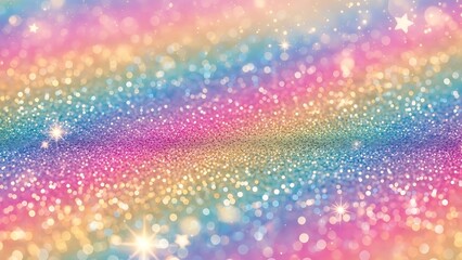A dreamy rainbow sparkle background showcasing iridescent glitter, soft bokeh lighting, and glowing star elements for creative projects