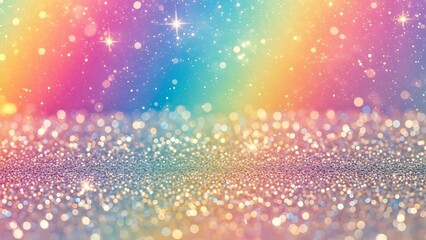 A dreamy rainbow sparkle background showcasing iridescent glitter, soft bokeh lighting, and glowing star elements for creative projects