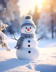 Obraz premium A charming snowman stands in snow, with sunlight in the background