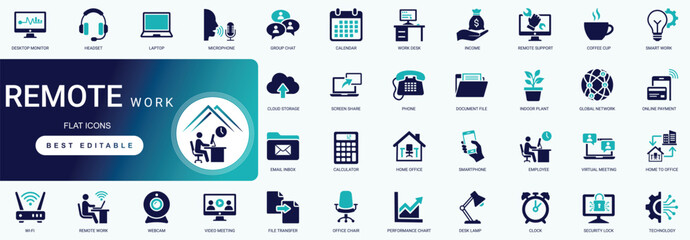 Remote work solid icon set featuring home office laptop, flexible freelance workspace, video meeting communication, and online digital productivity editable vector icons.