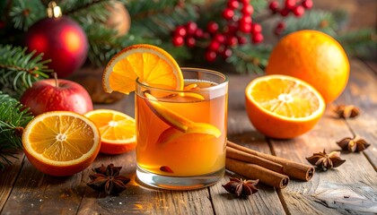 Festive drink with oranges, cinnamon, and spices, set against Christmas decorations