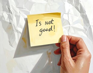 A hand holds a sticky note against a textured paper backdrop