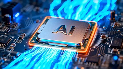 AI chip on circuit board with glowing lines - Powered by Adobe