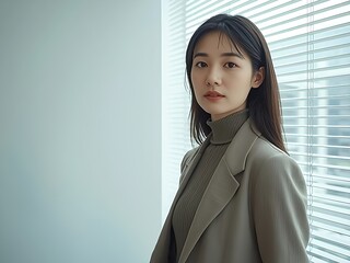 窓際のオフィスで佇む若いアジア人ビジネス女性のポートレート 余白のあるコーポレートイメージ