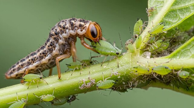 Predatory Insect Larva Consuming Aphids on a Plant Stem, Macro Photography Showcasing Biological Pest Control