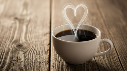 Coffee cup with steam heart shape on wood