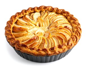 Close-up of a perfectly baked apple tart in a black baking dish