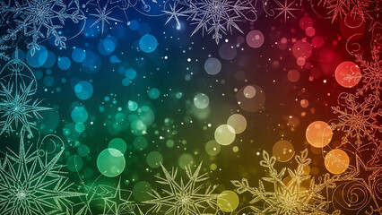 Colorful bokeh with snowflakes and rainbow gradient