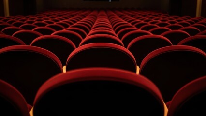 Fototapeta premium Rows of empty red velvet seats in a dark movie theater, ready for an audience