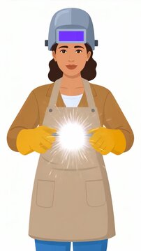 Professional woman welder using a welding machine creating bright sparks wearing protective helmet and safety gloves