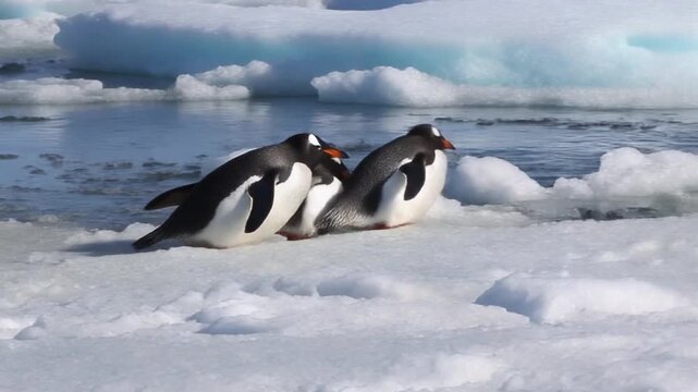 Four penguins in a row on snow with icebergs and water in background