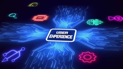 Modern user experience design concept featuring glowing blue neon circuit paths, digital interface icons, and technical motherboard. - Powered by Adobe