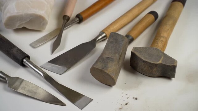 A collection of sculpting tools is artfully arranged with a block of white stone