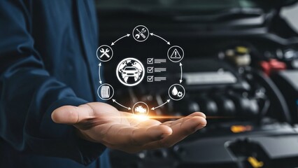 A person holding a digital interface with car maintenance icons in front of an open car hood