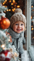 Young child wearing a knitted hat and scarf standing near a window with snow falling outside, decorated Christmas tree with red and gold ornaments in foreground, festive lights. Copy space, 9:16