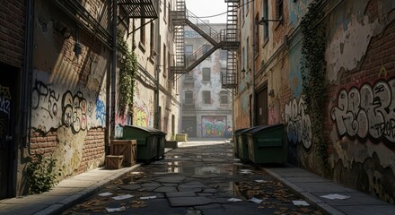 Dilapidated urban service passage reveals decay under bright daylight