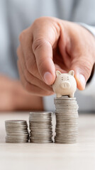 Piggy bank stacked coin tower showing financial growth and saving