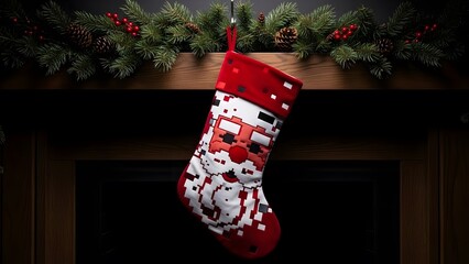 Christmas stocking with pixel art santa claus face hanging on fireplace mantel adorned with festive garland and red berries against dark background