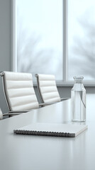 Modern meeting room with notebook and water bottle