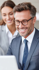 Smiling businessman and colleague working on laptop in office