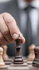 Businessman moving chess king piece thoughtfully